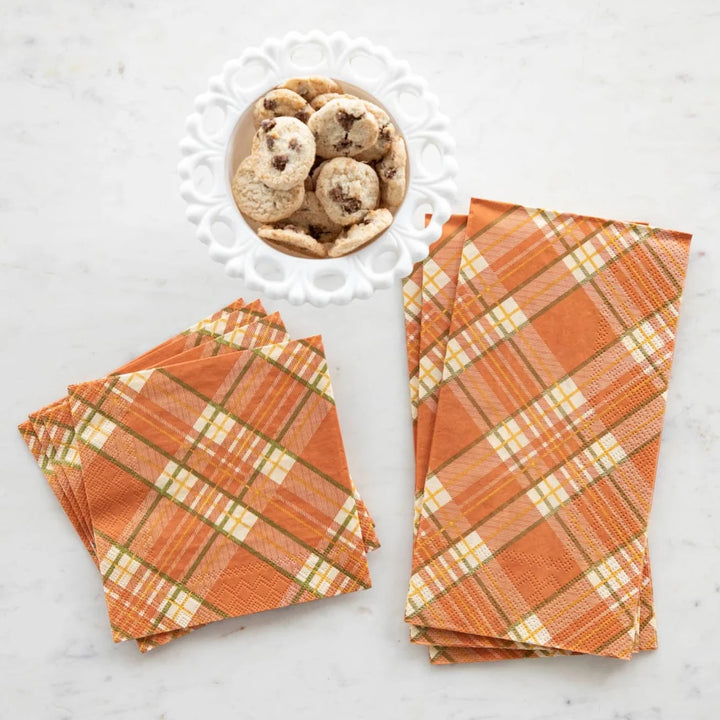 Orange Plaid Table Napkins, available in two stack sizes.