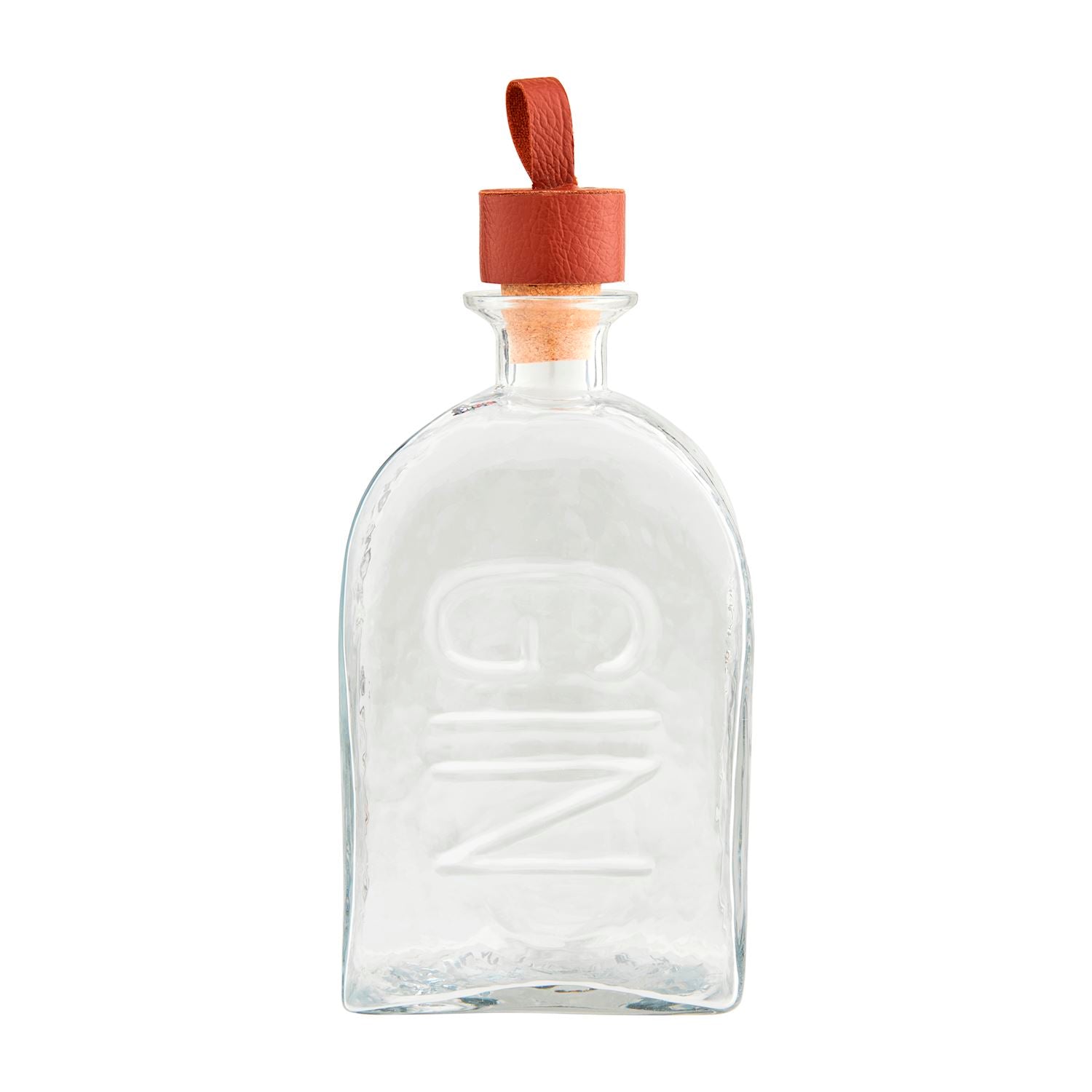 The Embossed Glass Decanters are clear glass bottles with "GIN" embossed on the front. They feature a wooden stopper and a brown leather loop. Available in 750ml size.