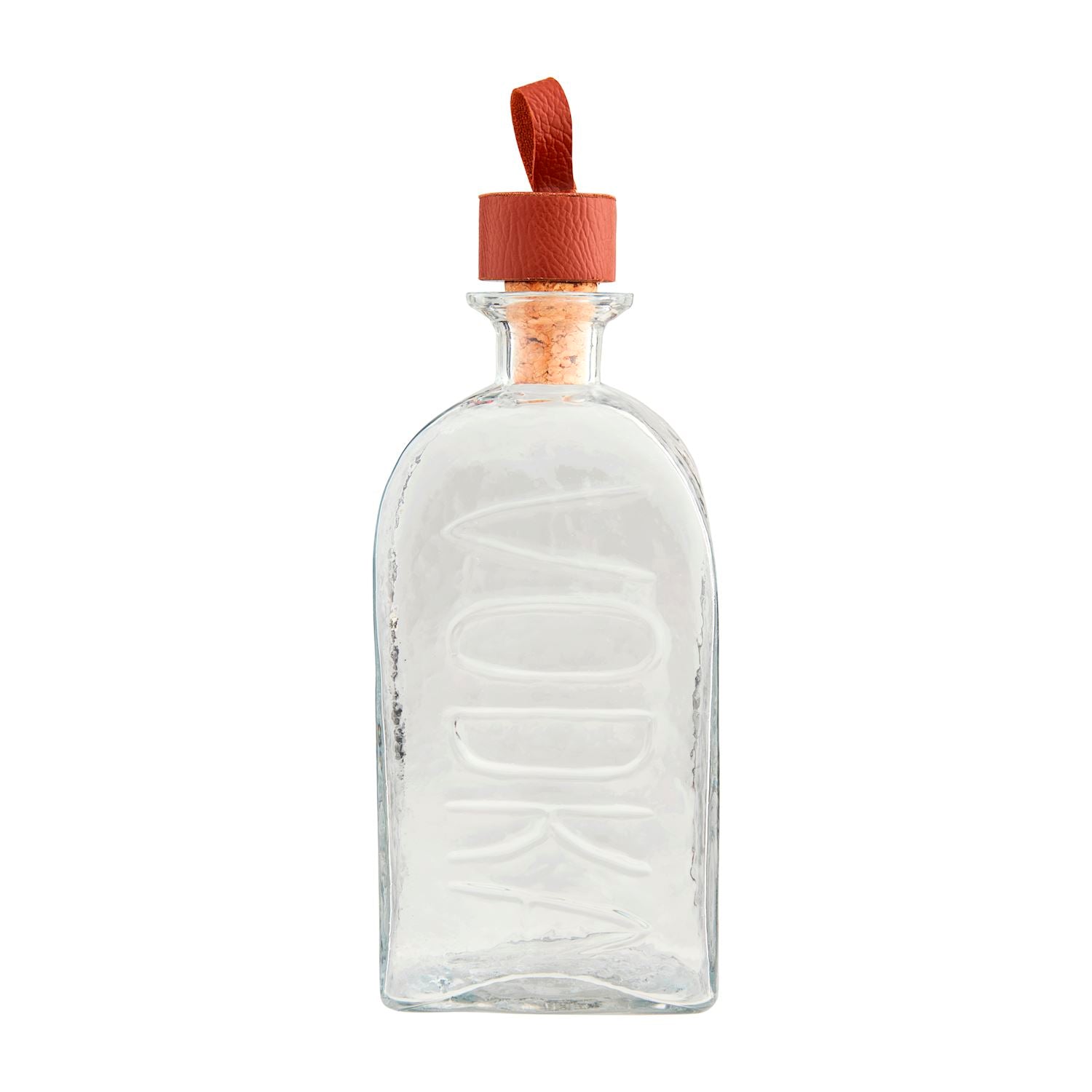 The Embossed Glass Decanter is a clear glass bottle with "VODKA" elegantly embossed on the front. Crafted from high-quality glass, it has a rectangular shape with rounded edges and a cork stopper adorned with a brown leather strap. Available in one size: 750ml.