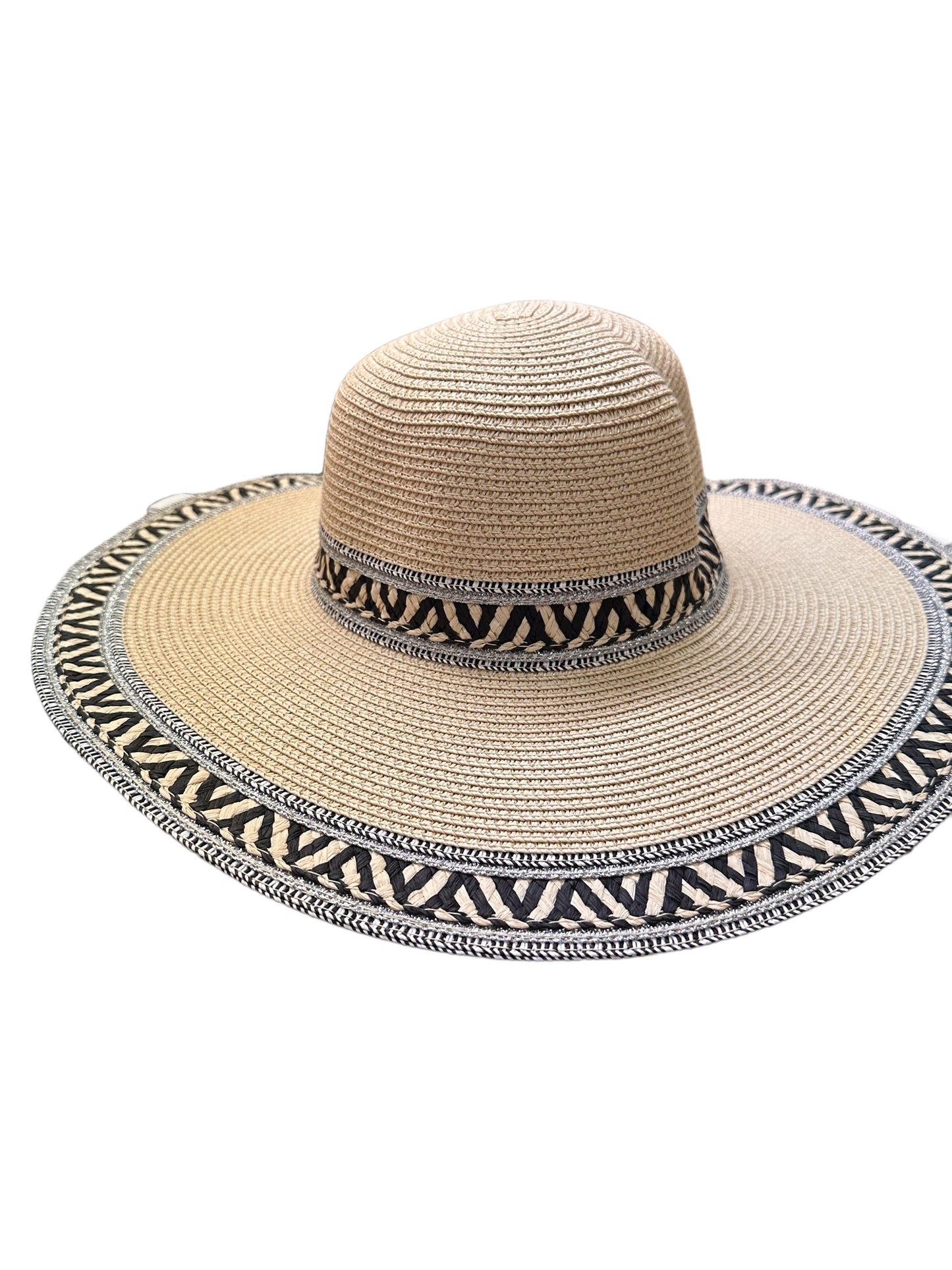 Sun Hat, Beige  
- Large brim  
- Black & white geometric band around crown and brim  
- Detailed woven texture  
Available sizes: One size fits most