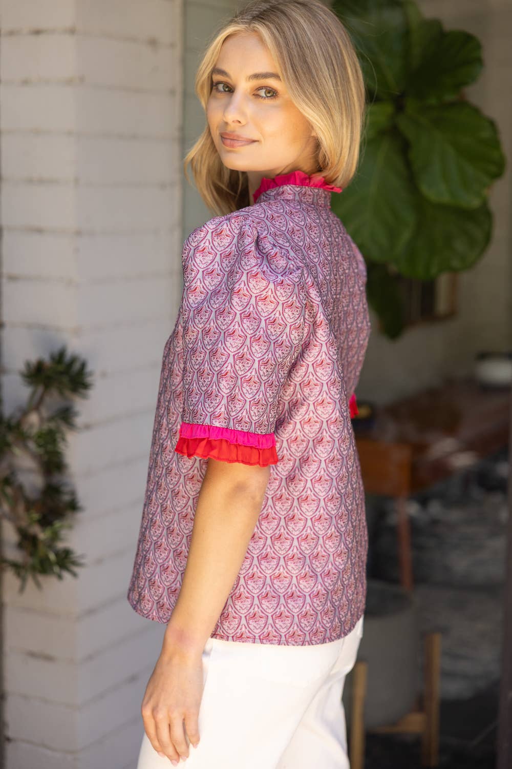 Jacquard Petal Print Contrast Ruffle Top