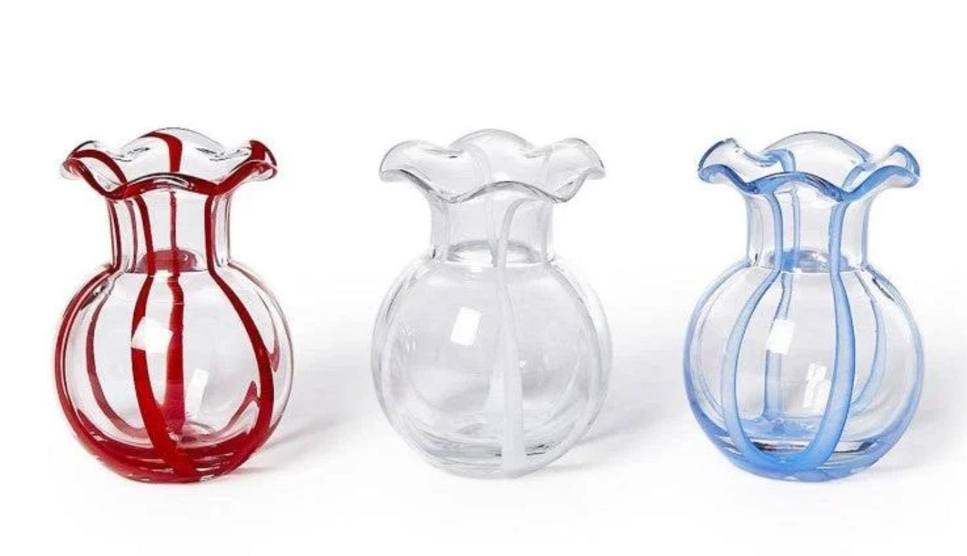 Clear glass Ruffled Ribbon Vase with wavy rim and colored stripes in red, white, or blue. Available in small, medium, and large sizes.