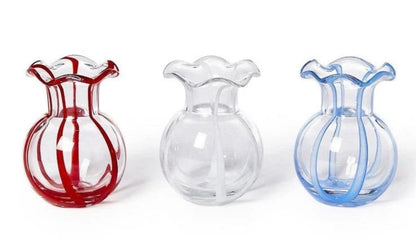 Clear glass Ruffled Ribbon Vase with wavy rim and colored stripes in red, white, or blue. Available in small, medium, and large sizes.