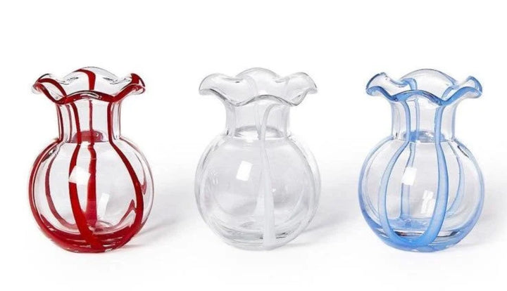 Clear glass Ruffled Ribbon Vase with wavy rim and colored stripes in red, white, or blue. Available in small, medium, and large sizes.
