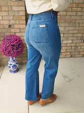 Wide leg Liz Jeans in denim; available in sizes 24-32.