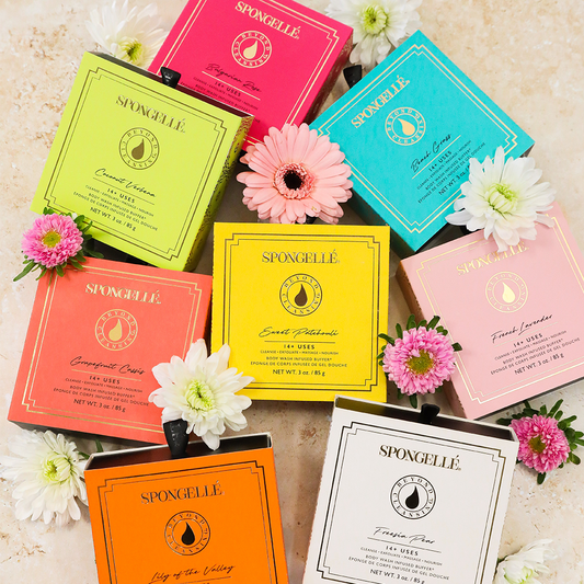 Box of 9 Spongellé Flowers in assorted scents and colors, available in standard size, perfect for a spa-like body care gift.
