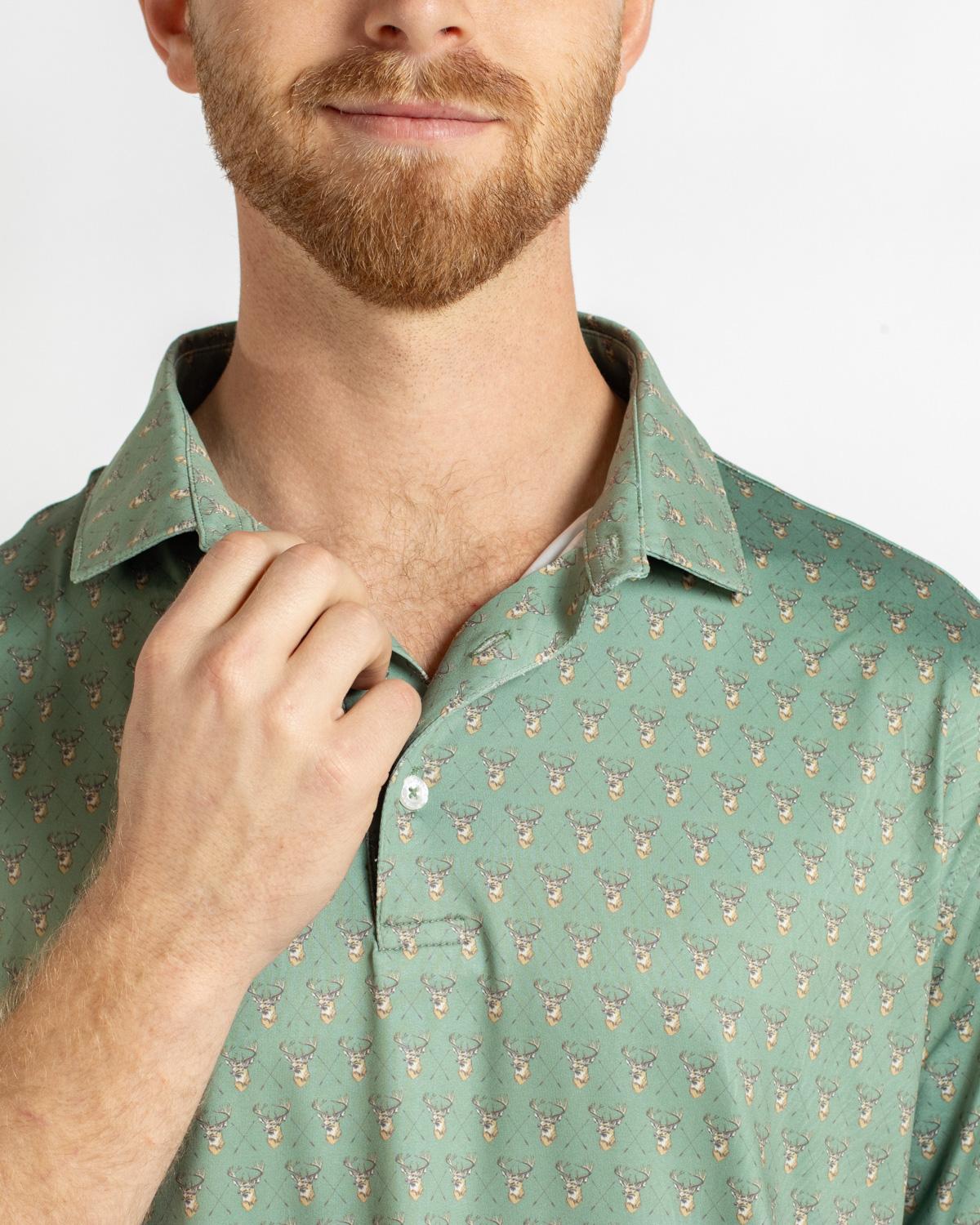 Men’s Bow Hunting Performance Polo with repeating deer head pattern, available in sizes S-XXL.