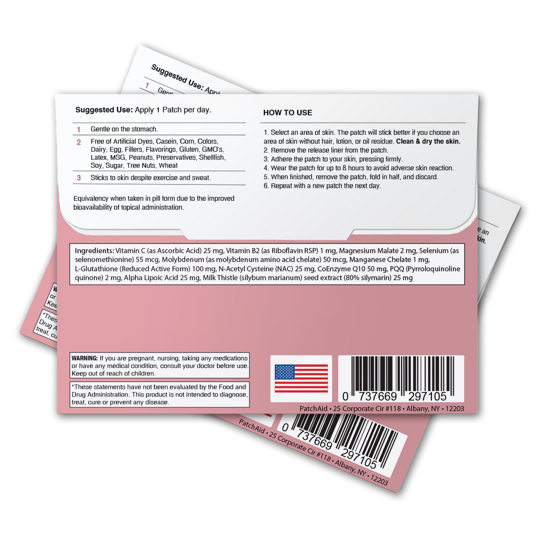 Two overlapping Glutathione Plus Patch - Antioxidant &amp; Detox Support 1-Pack packets show usage details on mostly white packaging with pink accents, an American flag, and barcode at the bottom. Available in 1-pack size.