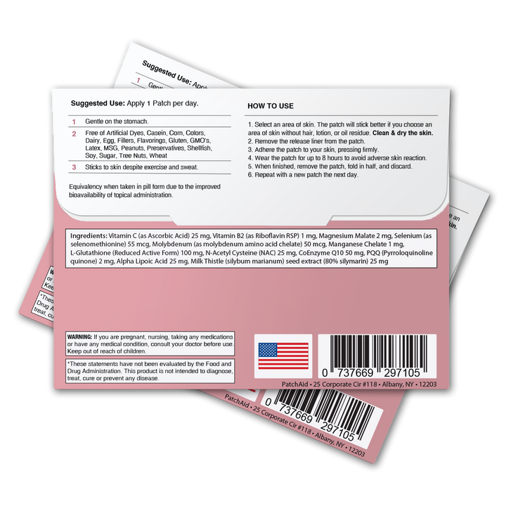 Two overlapping Glutathione Plus Patch - Antioxidant &amp; Detox Support 1-Pack packets show usage details on mostly white packaging with pink accents, an American flag, and barcode at the bottom. Available in 1-pack size.