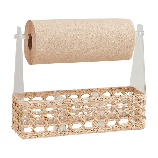 Woven acrylic utensil caddy with clear arms for paper towels over a seagrass basket. Available in one size: 13"x9"x7".