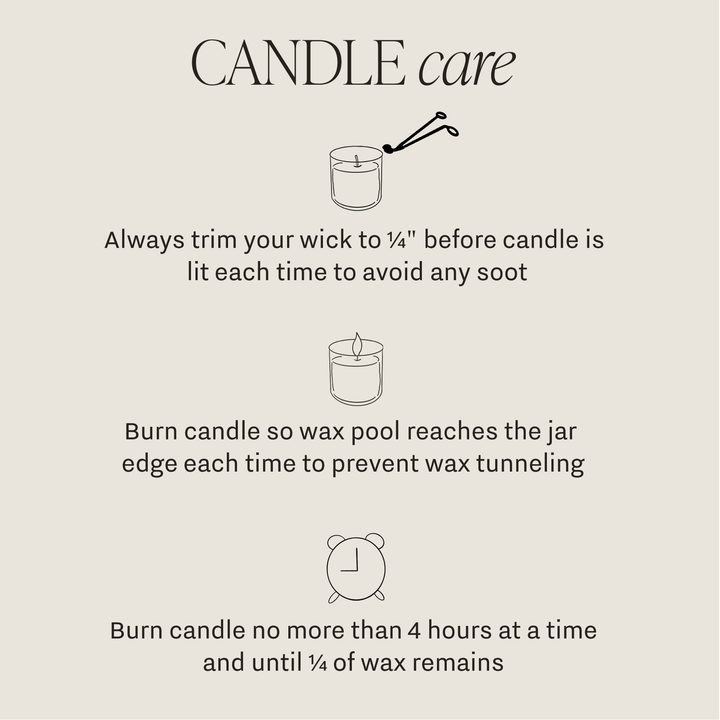 Infographic for the Christmas 9 oz Soy Candle: trim wick to 1/4 inch, burn until wax reaches edges, and limit burn time to 4 hours until 1/4 of wax remains.