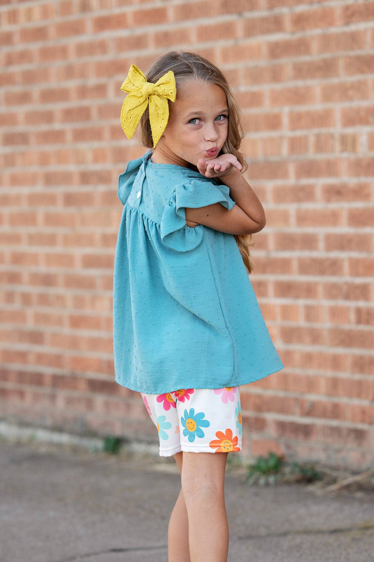 Girls Happy Flower Short Set: teal swiss dot flutter sleeve top, retro daisy print shorts. Sizes: 2T-6X.
