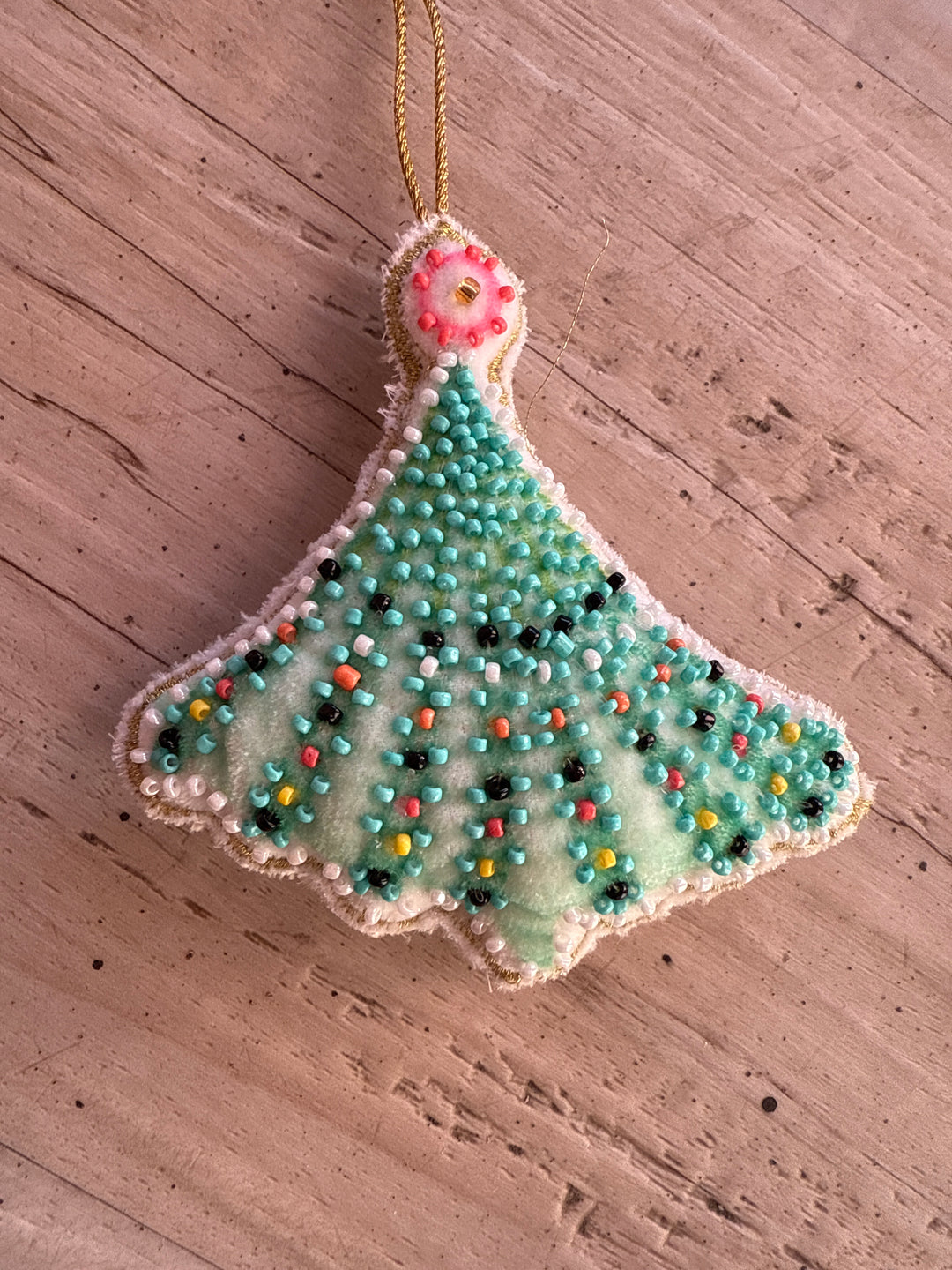 Cotton velvet Christmas tree ornament with embroidery, colorful glass beads, and a gold hanging cord.