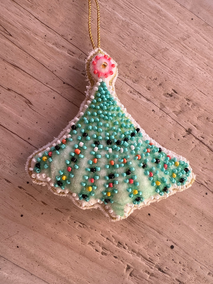 Cotton velvet Christmas tree ornament with embroidery, colorful glass beads, and a gold hanging cord.