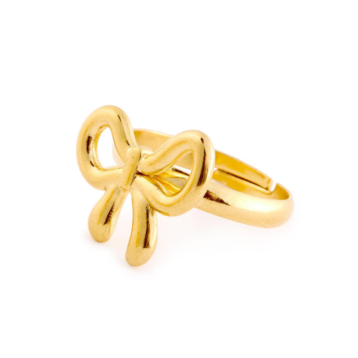 Adjustable gold Forget Me Not Ring with a bow design. Available in sizes 5-9.