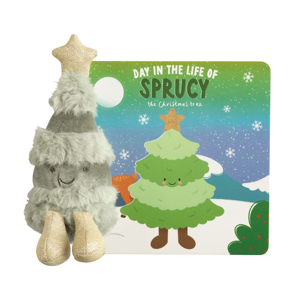 Christmas Book & Plush set including “Day in the Life of Sprucy” book and plush tree with star and boots.