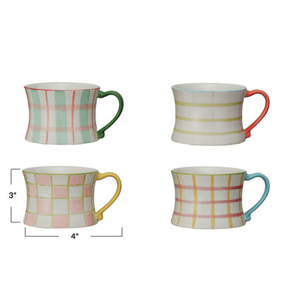 8 oz hand-painted stoneware mug with plaid pastel patterns, unique handle in green, coral, yellow, or blue; 3" tall x 4" wide.