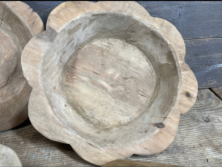 Handmade Small Flower Dough Bowl with scalloped edge and flower shape; available in small, medium, and large sizes.