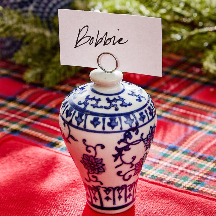 Blue and white ginger jar ornament and place card holder with a wire loop top.