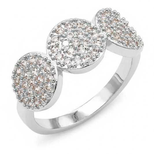 Mia Silver Ring with three clustered clear stones on a silver band, CZ pavé detailing; available in sizes 5-9.