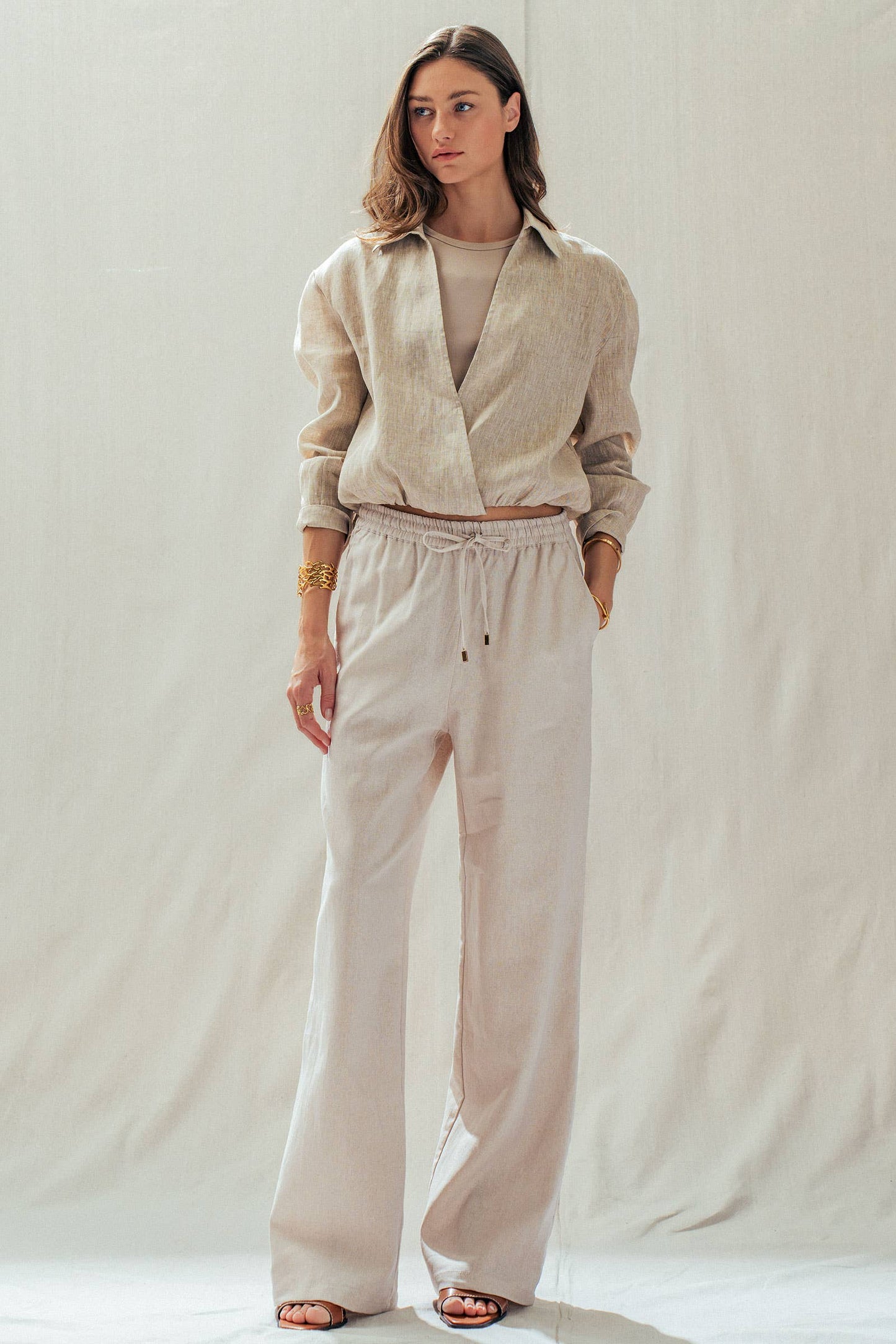 Natural Linen Blend Wide Leg Drawstring Pants; sizes XS–XL; wide leg, drawstring waist, light linen-blend fabric.