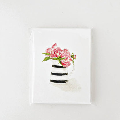 Assorted Flower Notecards, set of 8, with pink flowers and green leaves in a striped mug. Sizes available.