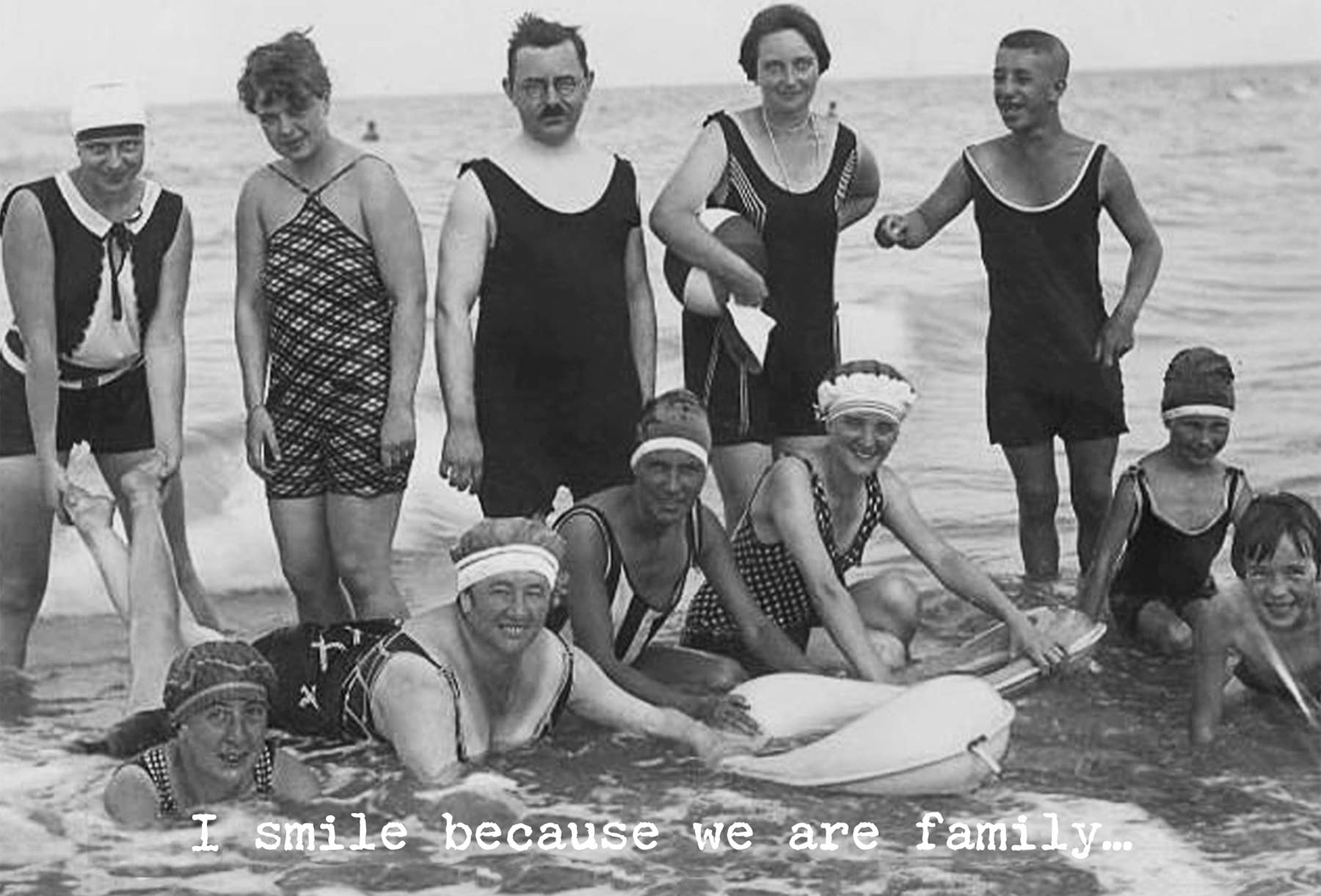 Humorous "We Are Family" Greeting Card with vintage swimsuits design. Sizes: 5x7, 4x6. Text: "I smile because we are family...