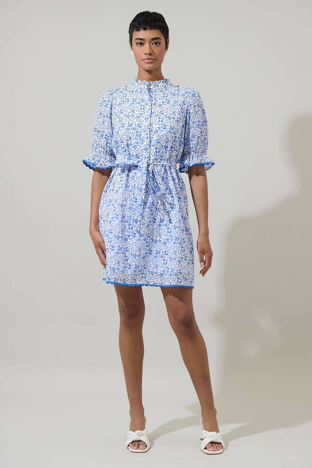 Maisie Floral Miana Button Up Dress: blue/white florals, ruffled short sleeves, tie waist. Available in XS-XL.