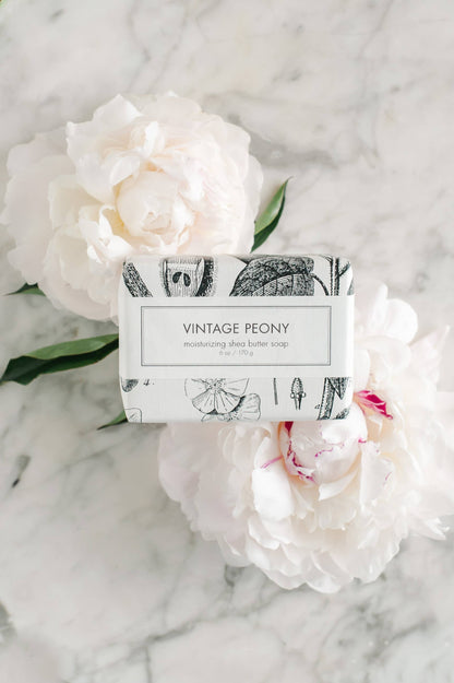 The Vintage Peony Soap - Bath Bar is a shea butter soap infused with the luxurious scent of peony flowers. The soap bar offers a rich lather, providing thorough cleansing while moisturizing and soothing the skin. It is available in one standard size suitable for daily use.