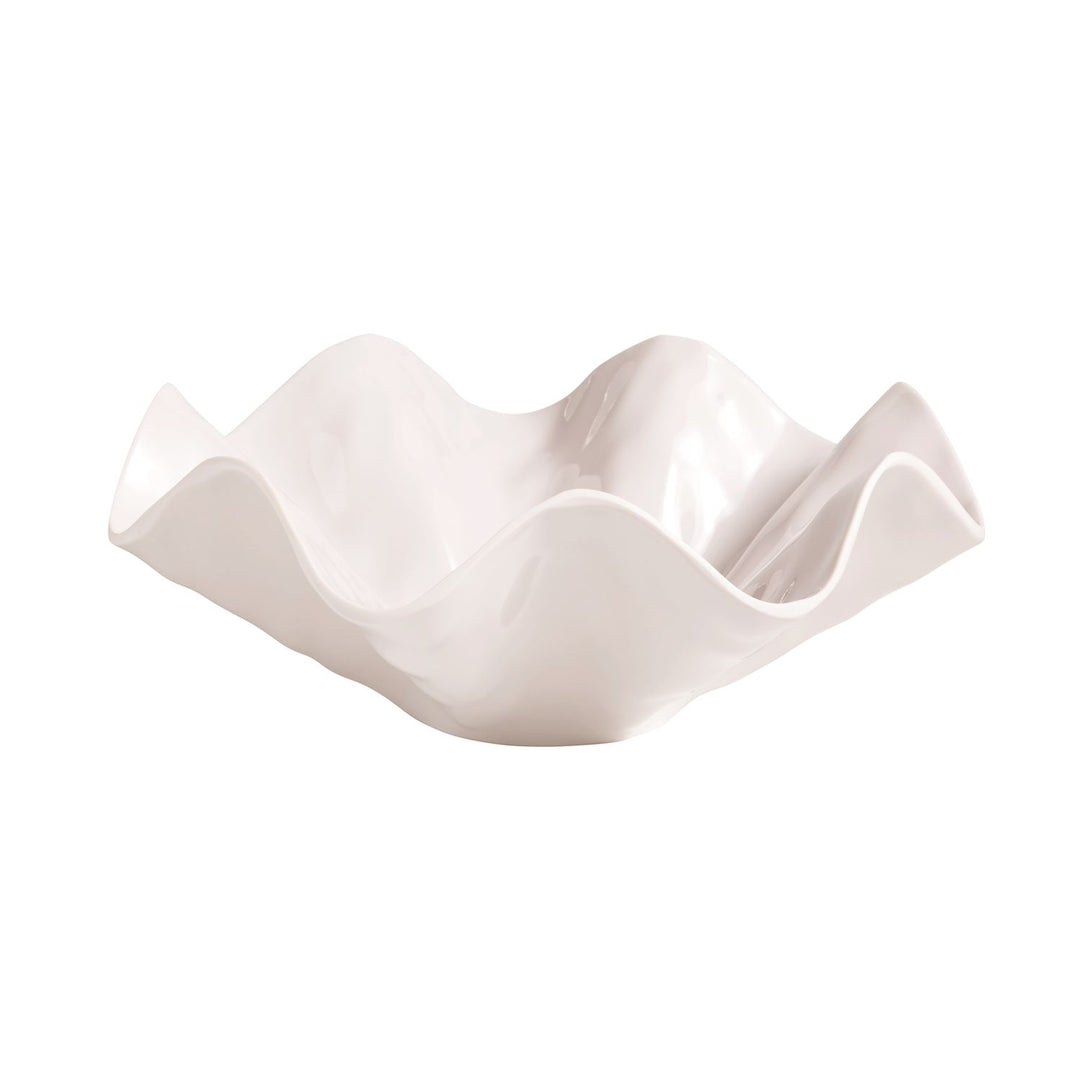 Glossy, shatterproof melamine serving bowl with a wavy ruffle edge. Available in 10" and 13" diameters.