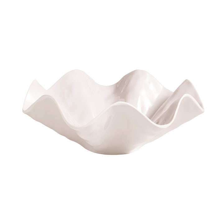 Glossy, shatterproof melamine serving bowl with a wavy ruffle edge. Available in 10" and 13" diameters.