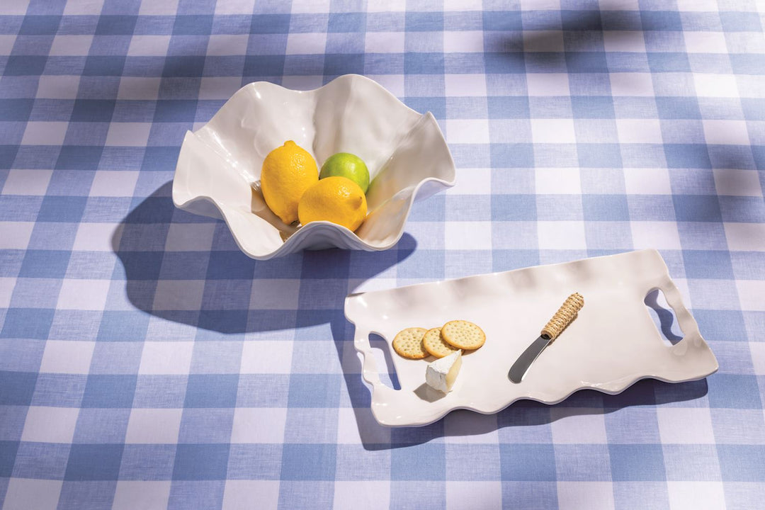 Ruffled Melamine Serving Bowl with lemons and a green apple, dishwasher safe, available in 8", 10", and 12" sizes.