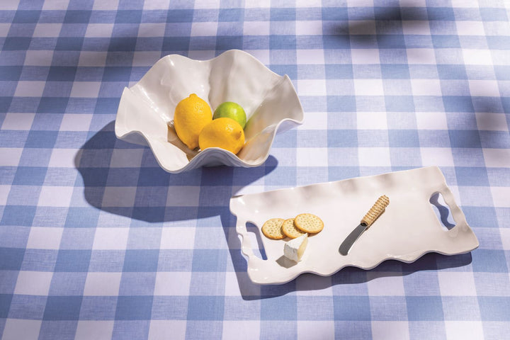 Ruffled Melamine Serving Bowl with lemons and a green apple, dishwasher safe, available in 8", 10", and 12" sizes.