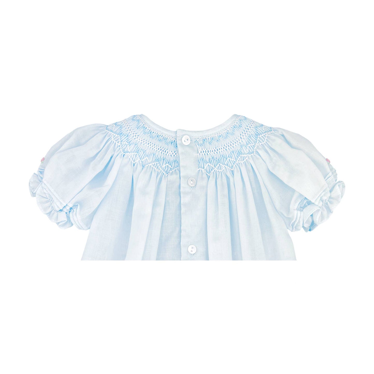 Back closure with buttons of Blue daygown with heart smocking and pearls