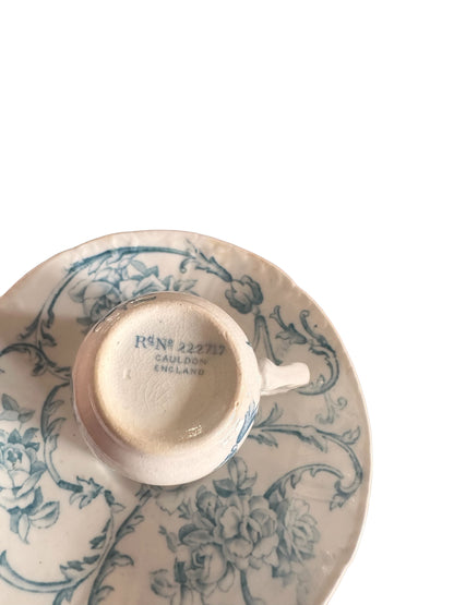 Antique blue and white hand painted porcelain demitasse cup and saucer with floral design, marked "Cauldon England" Rd No 227717.