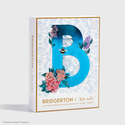 Kitsch x Bridgerton Satin Wrapped Hair Towel boxed set, metallic blue "B" design. Available in standard size.