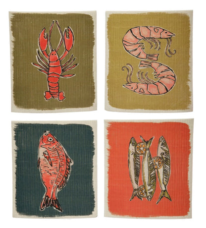 Reusable Cellulose Sponge Cloth with sealife prints; comes in four designs and sizes. Textured border on each cloth.