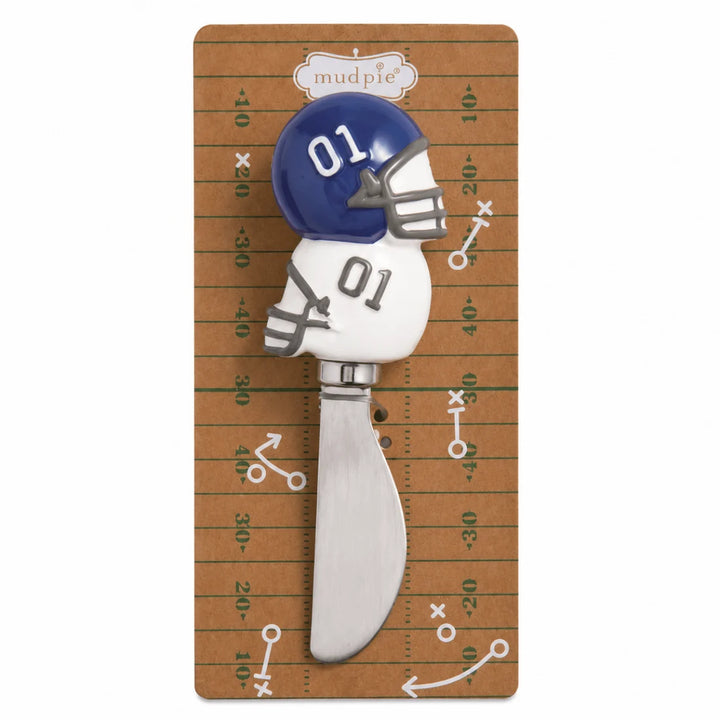 Cheese spreader with handle shaped like stacked blue and white football helmets, numbered 01. Available in four styles.