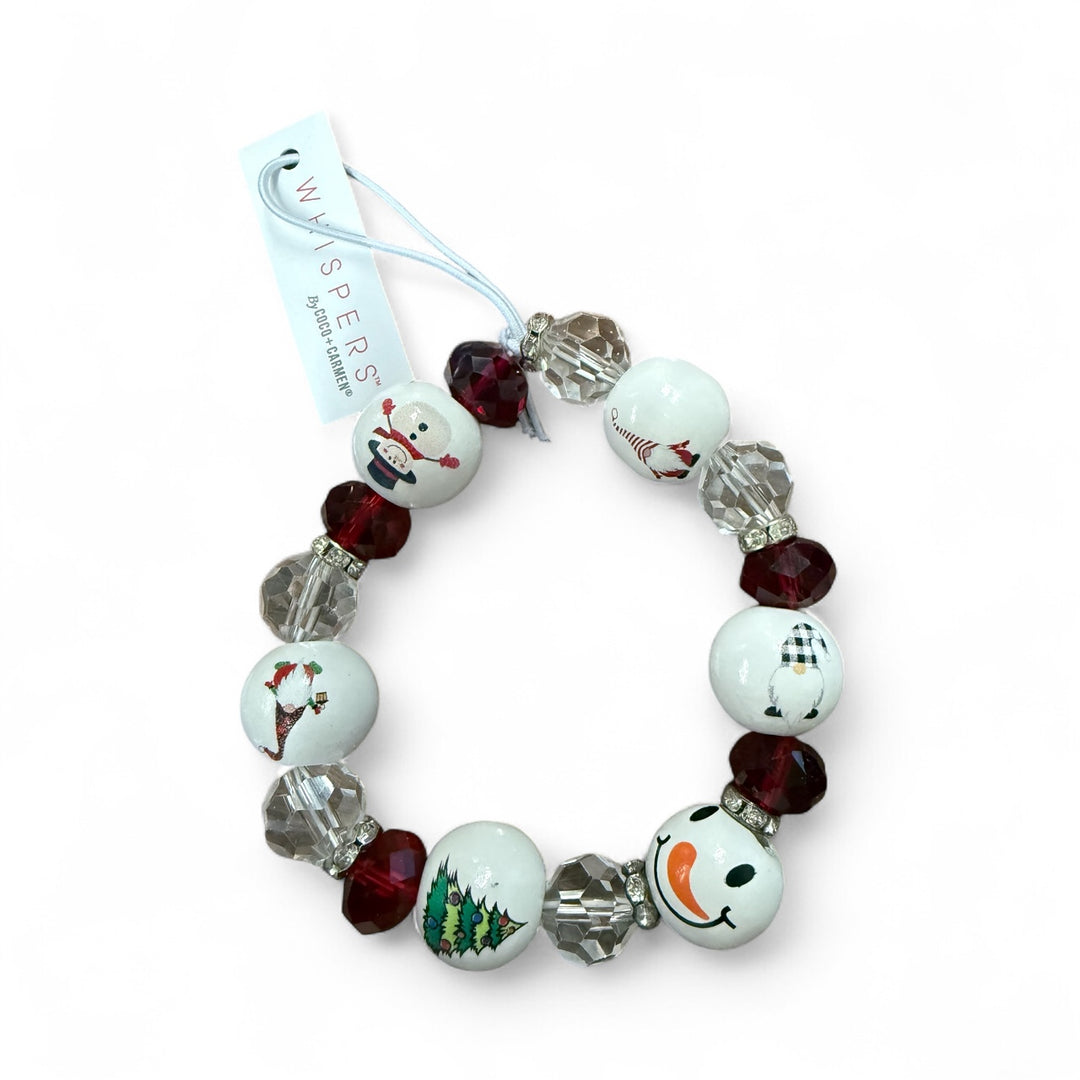 Whispers Christmas Bead Bracelet with white Christmas-themed, red, and clear faceted beads. Available in multiple sizes.