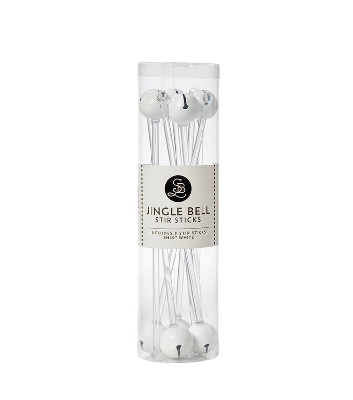 Eight Christmas cocktail stir sticks with white jingle bells in a clear plastic tube.