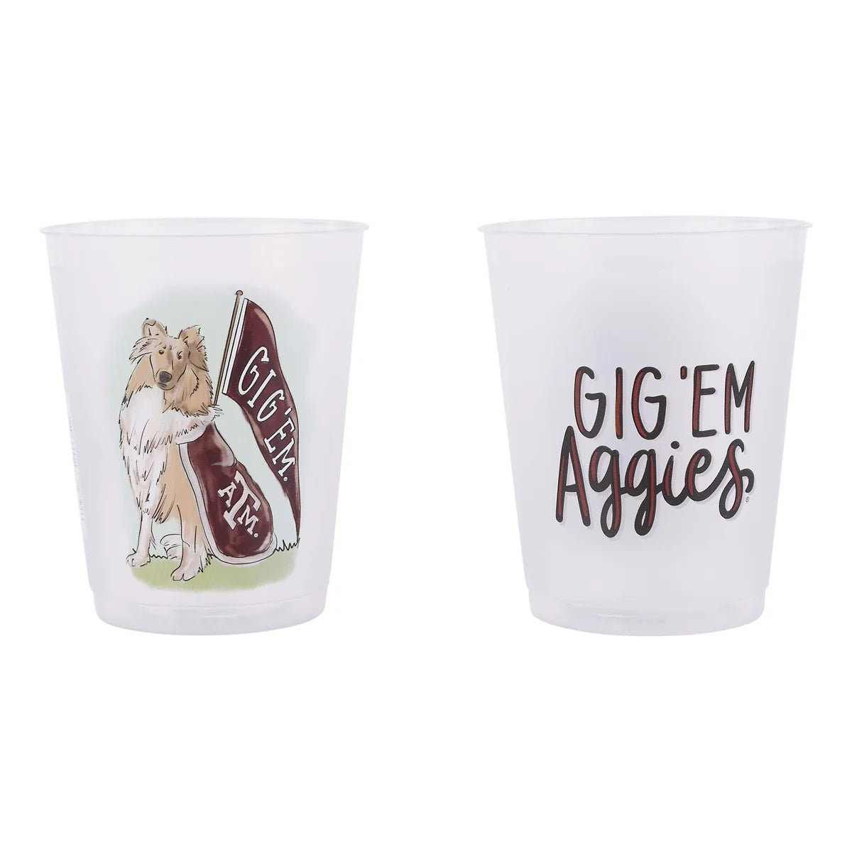 Set of two clear, frosted Texas A&M mascot cups featuring brown text and artwork—one with a dog and "Gig 'Em TAM" banner, the other with "GIG 'EM Aggies." Available in standard drinkware size.