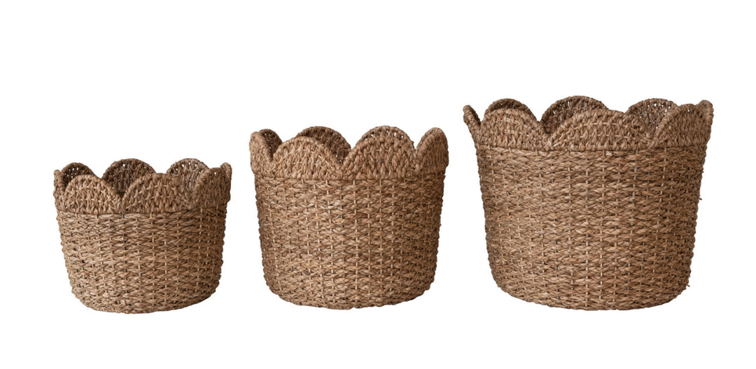 Three braided Bankuan &amp; rattan baskets with scalloped edges, textured finish, available in three sizes.