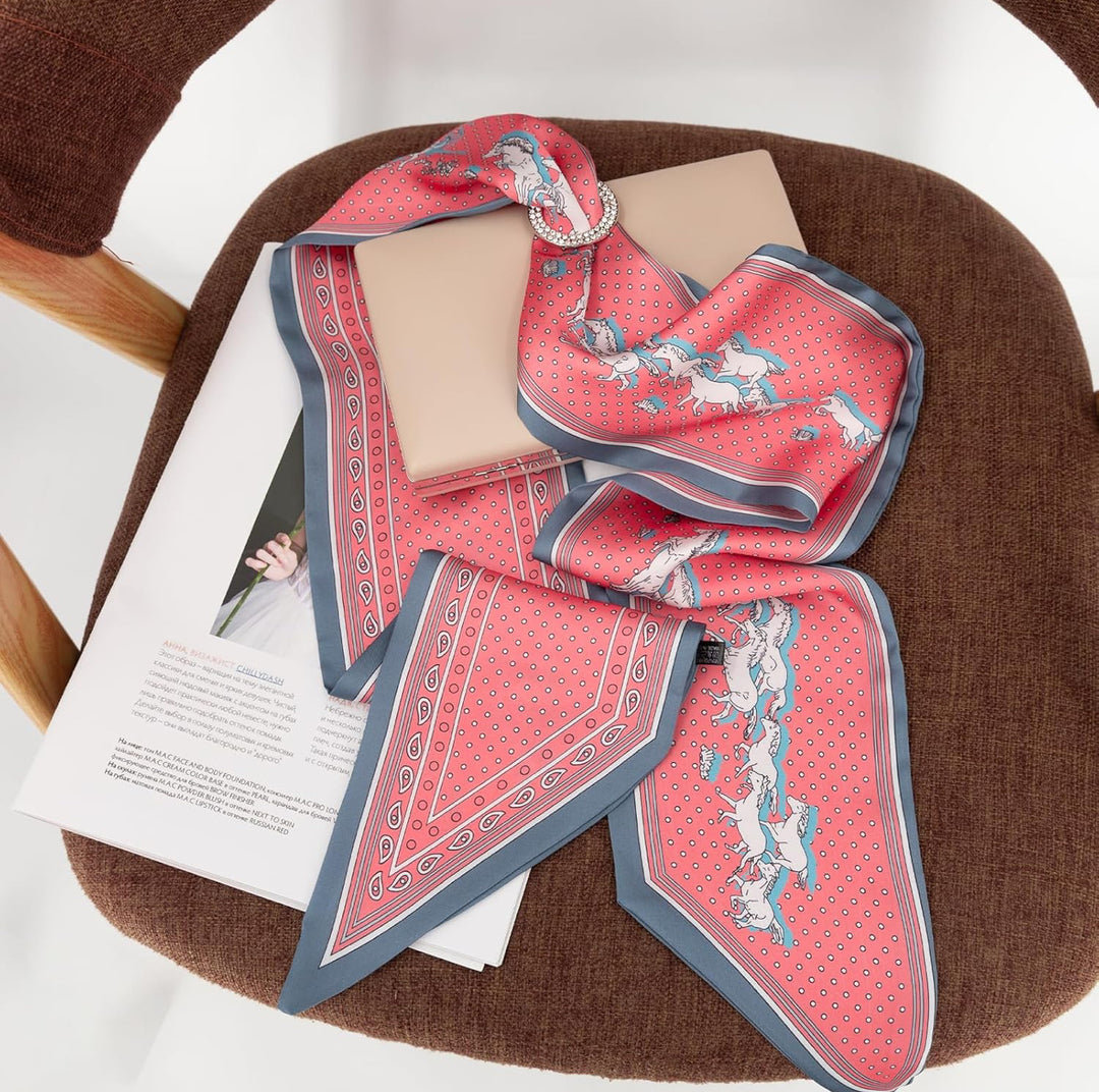 Pink and gray horse-patterned silk-feeling scarf. Sizes available: S, M, L.