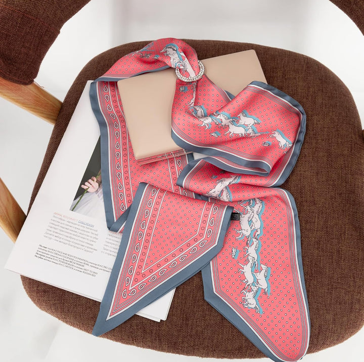 Pink and gray horse-patterned silk-feeling scarf. Sizes available: S, M, L.