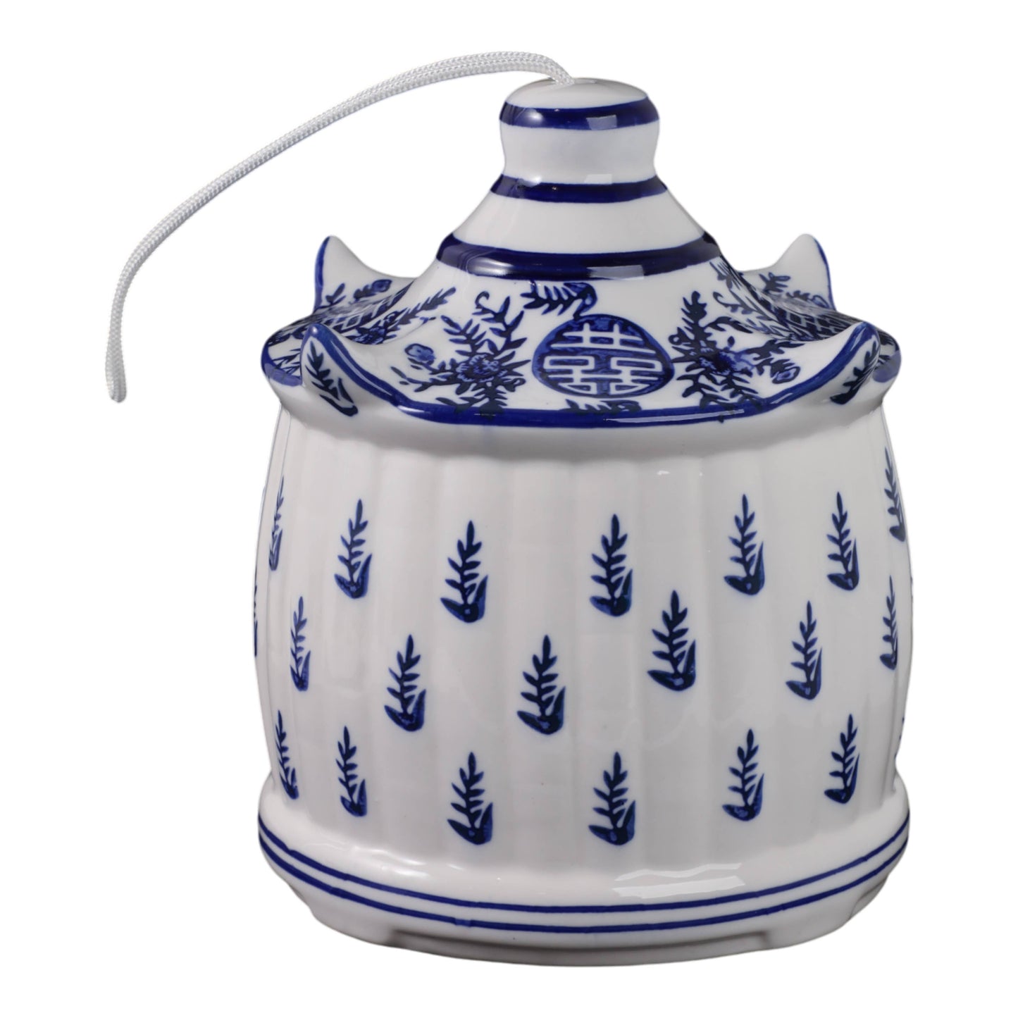 White/Blue Chinoiserie Pagoda Birdhouse, 8 in.; blue leaf pattern, round finial, white porcelain.