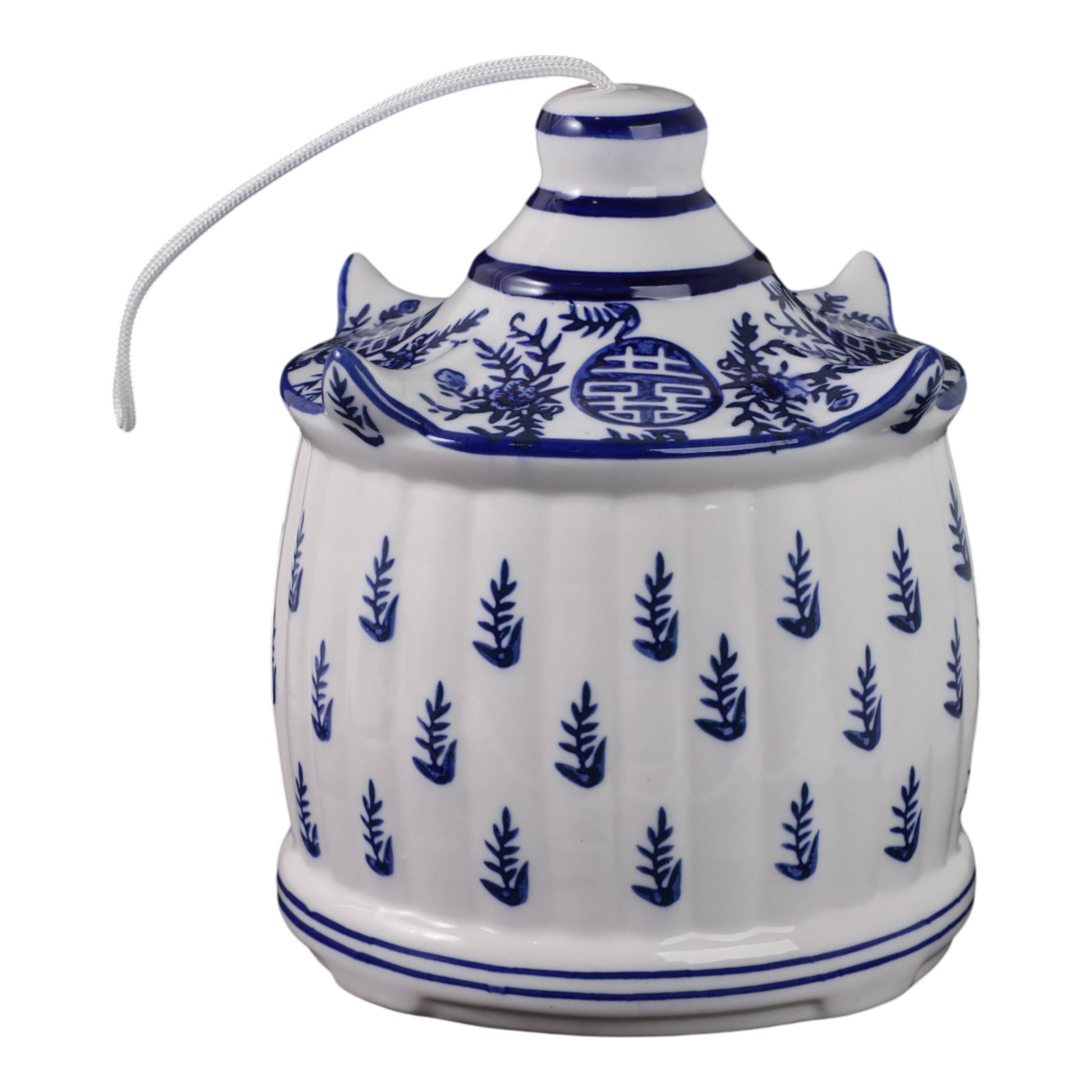 White/Blue Chinoiserie Pagoda Birdhouse, 8 in.; blue leaf pattern, round finial, white porcelain.