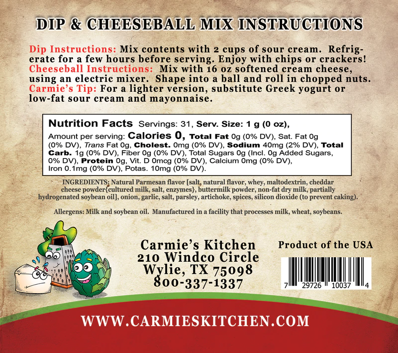 The product is Artichoke Parmesan Dip Mix, featured in a colorful packaging label. The label includes nutritional information and preparation instructions. There is also a cartoon cheese character design, company address, barcodes, and other identifiers on the label.