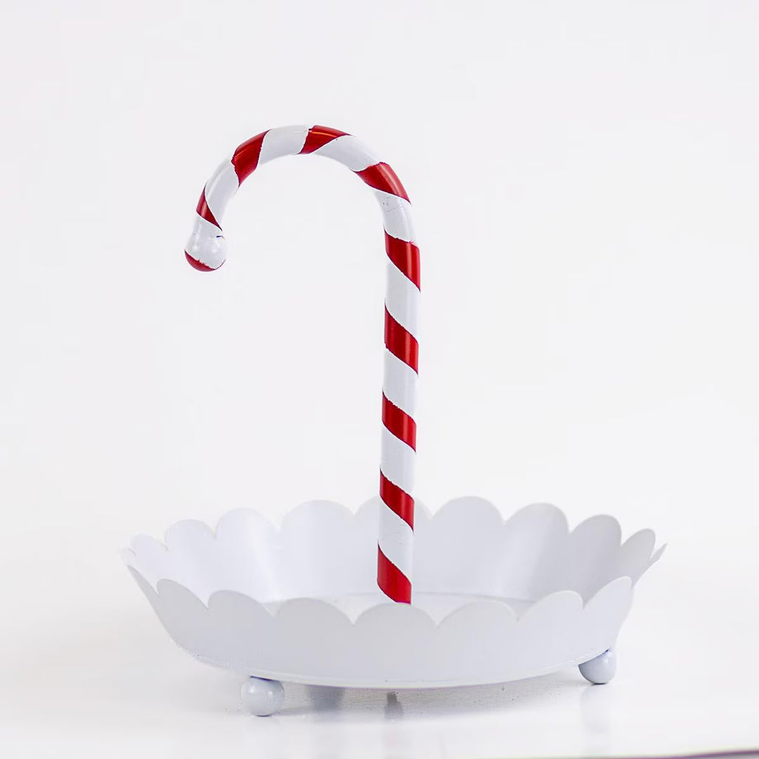Bright white scalloped dish with red and white striped candy cane-shaped hook in center. Available in multiple sizes.