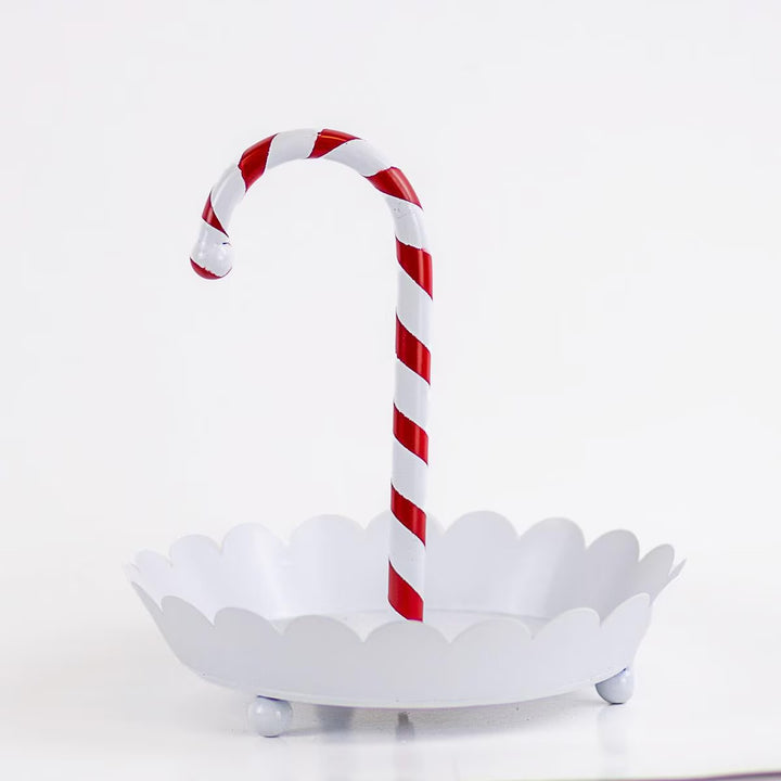 Bright white scalloped dish with red and white striped candy cane-shaped hook in center. Available in multiple sizes.
