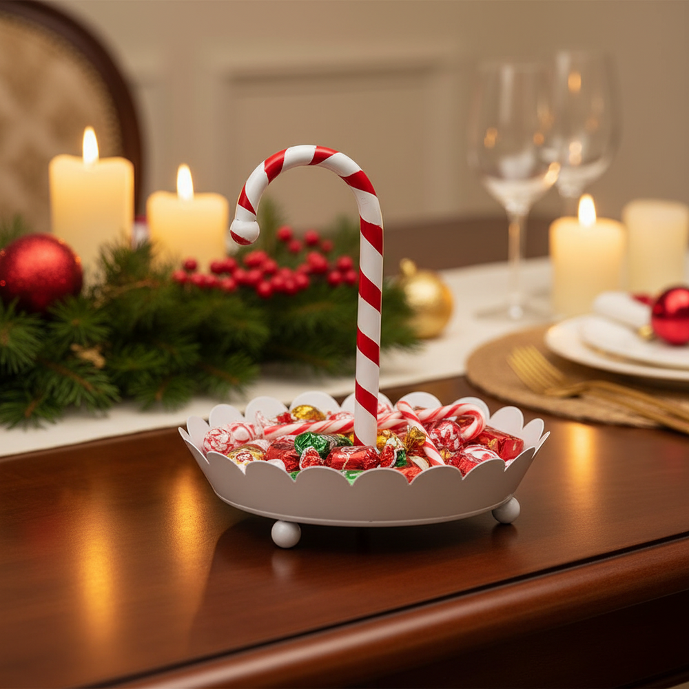 Candy Cane Scalloped Server with bowl for assorted candies and a large striped candy cane; available in multiple sizes.